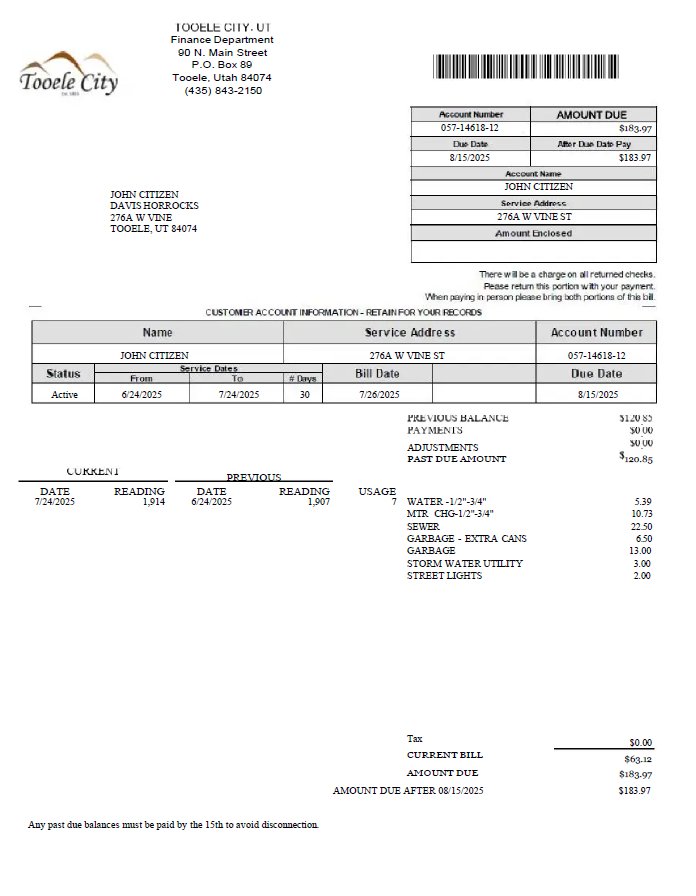 USA Tooele city utility bill template in Word and PDF formats